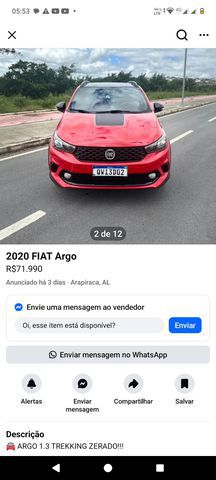 Vendo esse Fiat Argo Drive 1.0, ano 2021
Semi-novo , emplacamento 2025
Valor de venda: R$ 56.000
Maceió -Alagoas 
82- 99314-0790

