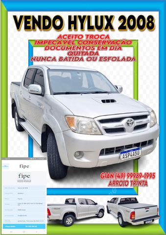 haylux 2008 30 4x4 automatica diesel carro arroio trinta sc pego troca aceito proposta toda revisada impecavel coisa rara praticamente rodou so em asfalto documentacao em dia quitada direto com o proprietario carro arroio trinta sc toyota hilux cd srv d4 d 4x4 30 tdi diesel 2008 diesel automatico pickup prata 4 portas alarme ar condicionado banco com regulagem de altura computador de bordo encosto de cabeca traseiro retrovisores eletricos rodas de liga leve volante com regulagem de altura bancos em couro tracao 4x4 airbag freio abs ar quente travas eletricas vidros eletricos direcao hidraulica turbo radio farol de neblina